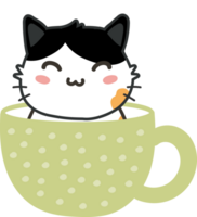 Cat on teacup cartoon character crop-out png