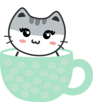 Cat on teacup cartoon character crop-out png