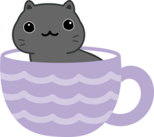 Cat on teacup cartoon character crop-out png