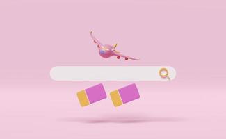 search bar blank and magnifying glass with 3d airplane ticket booking, summer travel service, planning traveler's tourism isolated on pink background. 3d render illustration photo