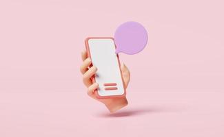3d social media with hand holding mobile phone, smartphone, chat bubbles icons isolated on pink background. online social, communication applications, minimal template concept, 3d render illustration photo