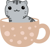 Cat on teacup cartoon character crop-out png