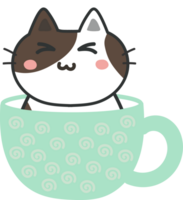 Cat on teacup cartoon character crop-out png