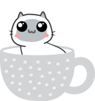 Cat on teacup cartoon character crop-out png