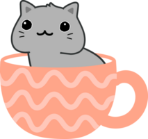 Cat on teacup cartoon character crop-out png