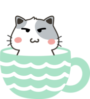 Cat on teacup cartoon character crop-out png