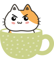 Cat on teacup cartoon character crop-out png