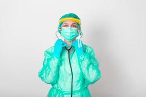 Doctor, nurse show how to wearing protection Suit for Fighting Covid-19 coronavirus with white background isolated. medical worker in full protective gear with face shield putting on her stethoscope photo