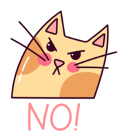 Angry cat NO sticker. Funny doodle kitty character. Hand drawn colorful illustration isolated on transparent background. png