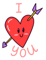 I love you sticker. Cute doodle heart shape. Sticker with white contour for planner, scrapbooking. Hand drawn colorful illustration isolated on transparent background. png