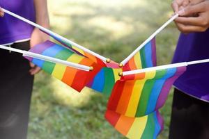 Rainbow flags, LGBT symbol, holding in hands, concept for LGBT community celebration in pride month, June, 2023, around the world. photo