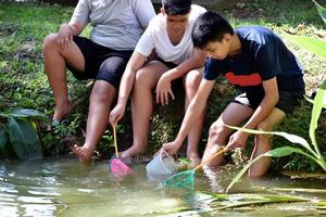 Three middle school boys in Southeast Asia hold devices to study and explore the ecology of the underwaters they live in. Ideas for Learning Outside the Classroom, soft and selective focus. photo