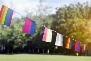Las banderas lgbtq se colgaron en un cable contra el cielo azul en un día soleado, enfoque suave y selectivo, concepto para celebraciones de género lgbtq en el mes del orgullo en todo el mundo. foto