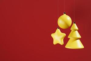 Yellow Christmas toys on a red background 3d render illustration. photo