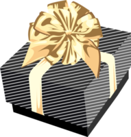 Black gift box with white stripes and decorated a bow golden ribbons png