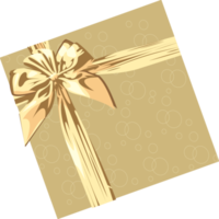 Gold gift box decorated with ribbons and golden bow png