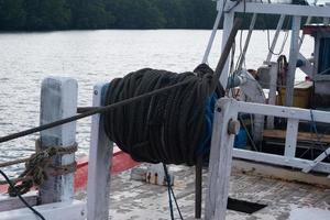 selectively focus on the reel of rope to pull the fishing boat anchor photo