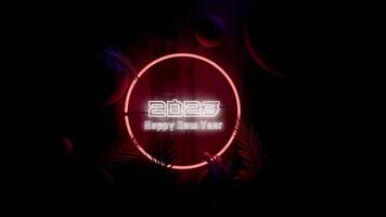 Abstract 3D rendering, 2023 Happy new year animated, neon white glow light flashing in pink circle sign with leaves of plant and decorate likes univers, Video 3d Seamless loop animation