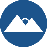 Mountain and sun icon in blue circle. png