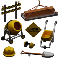 El juego de construcción renderizado en 3d incluye pala, casco, grúa, letrero en construcción, mezclador de cemento, etc., perfecto para el proyecto de diseño png