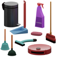 El juego de limpieza del hogar renderizado en 3d incluye escoba, aspiradora, cubo de basura, jabón, cubo de basura, etc. perfecto para el proyecto de diseño png