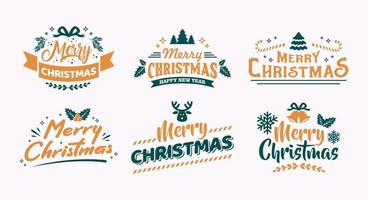 Typography Set of Christmas and Happy New Year Floral Card templates. Trendy retro style. Vector design element.