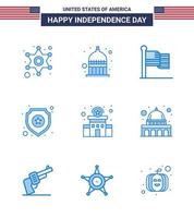 feliz día de la independencia 4 de julio conjunto de 9 blues pictograma americano de signo de policía escudo de estrella estadounidense editable elementos de diseño de vector de día de estados unidos