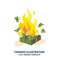 quema de dinero, bancarrota, crisis financiera y concepto de inflación. desperdiciando dinero Ilustración de vector de finanzas