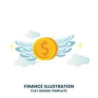 Gold dollar coins with blue wings. Flying money in blue sky. Invest Vector illustration.