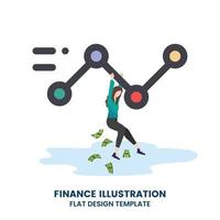 Businessman hang on a line graph which is loss the money. Vector, illustration, flat vector