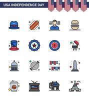 feliz día de la independencia 16 líneas planas rellenas paquete de iconos para web e impresión presidentes de vidrio sombrero de bandera estados unidos elementos de diseño vectorial editables del día de estados unidos vector