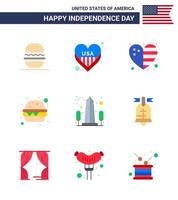 Set of 9 Vector Flats on 4th July USA Independence Day such as sight landmark heart meal burger Editable USA Day Vector Design Elements