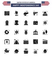 feliz día de la independencia 4 de julio conjunto de 25 pictogramas americanos de glifo sólido de arma madison arma grande arma del ejército elementos de diseño vectorial del día de estados unidos editables vector