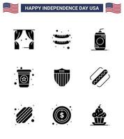 Happy Independence Day Pack of 9 Solid Glyphs Signs and Symbols for usa shield cola american drink Editable USA Day Vector Design Elements