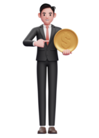 hombre de negocios con traje formal apuntando moneda, ilustración 3d de un hombre de negocios con traje de formato que sostiene una moneda en dólares png