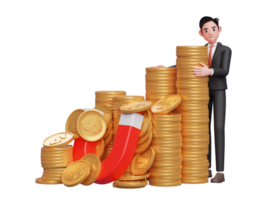 empresário em terno formal preto em pé abraçando pilha de moedas de ouro capturadas por ímã, renderização em 3d do conceito de investimento empresarial