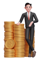 businessman in formal suit blue tie standing with crossed legs and leaning on pile of coins, 3d illustration of a businessman in formal suit holding dollar coin png