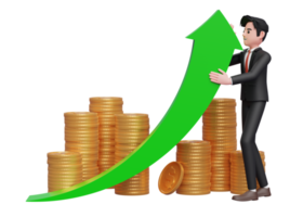 businessman in black formal suit trying to raise green arrow up, on gold coin pile ornament background, 3d rendering of business investment concept