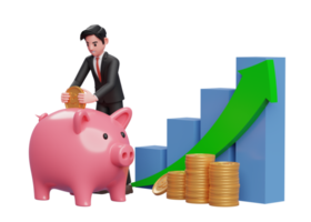 businessman in black formal suit saving gold coins into piggy bank with bar chart and green arrow up, 3d rendering of business investment concept png