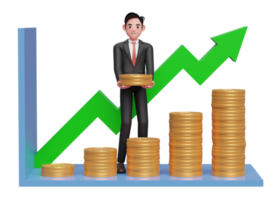 zakenman in zwart formeel pak maken statistisch bar tabel met stapel van goud munten, 3d renderen van bedrijf investering concept png