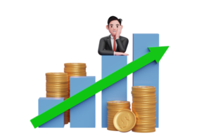 empresário 3d em terno formal preto, colocando o queixo na mão enquanto se inclina sobre o crescimento do estoque do gráfico de barras com a seta de estatísticas do gráfico para cima png