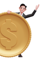 empresário terno formal preto espreitar atrás da grande moeda, ilustração 3d de um empresário em terno formal preto segurando a moeda de um dólar png