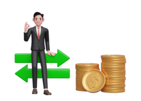 businessman in black formal suit sitting on exchange rate ornament with hand gesture ok finger, 3d rendering of business investment concept png
