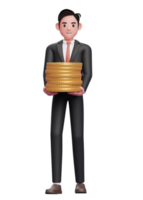 hombre de negocios con traje formal negro lleva montones de monedas de oro, ilustración 3d de un hombre de negocios con traje negro que sostiene una moneda de dólar png