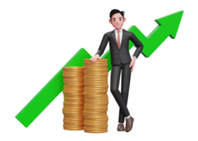 businessman in black formal suit leaning on pile of gold coins with growing statistics ornament on the back, 3d rendering of business investment concept png