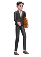 hombre de negocios con traje negro caminando mientras lleva monedas, ilustración 3d de un hombre de negocios con traje formal que sostiene una moneda en dólares