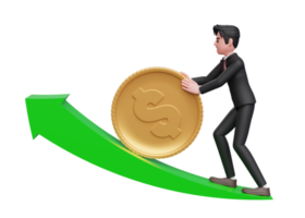 businessman in black formal suit pushing dollar gold coin up growing green arrow, 3d rendering of business investment concept png