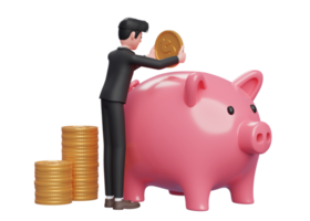 empresário em terno formal preto mantém cuidadosamente as moedas de ouro no cofrinho rosa, renderização em 3d do conceito de investimento empresarial png