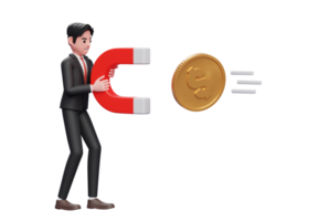 empresário em terno formal preto em pé segurando ímã atraindo moeda de ouro, renderização em 3d do conceito de investimento empresarial png