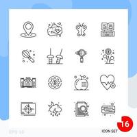 Modern Pack of 16 Icons Line Outline Symbols isolated on White Backgound for Website designing Creative Black Icon vector background